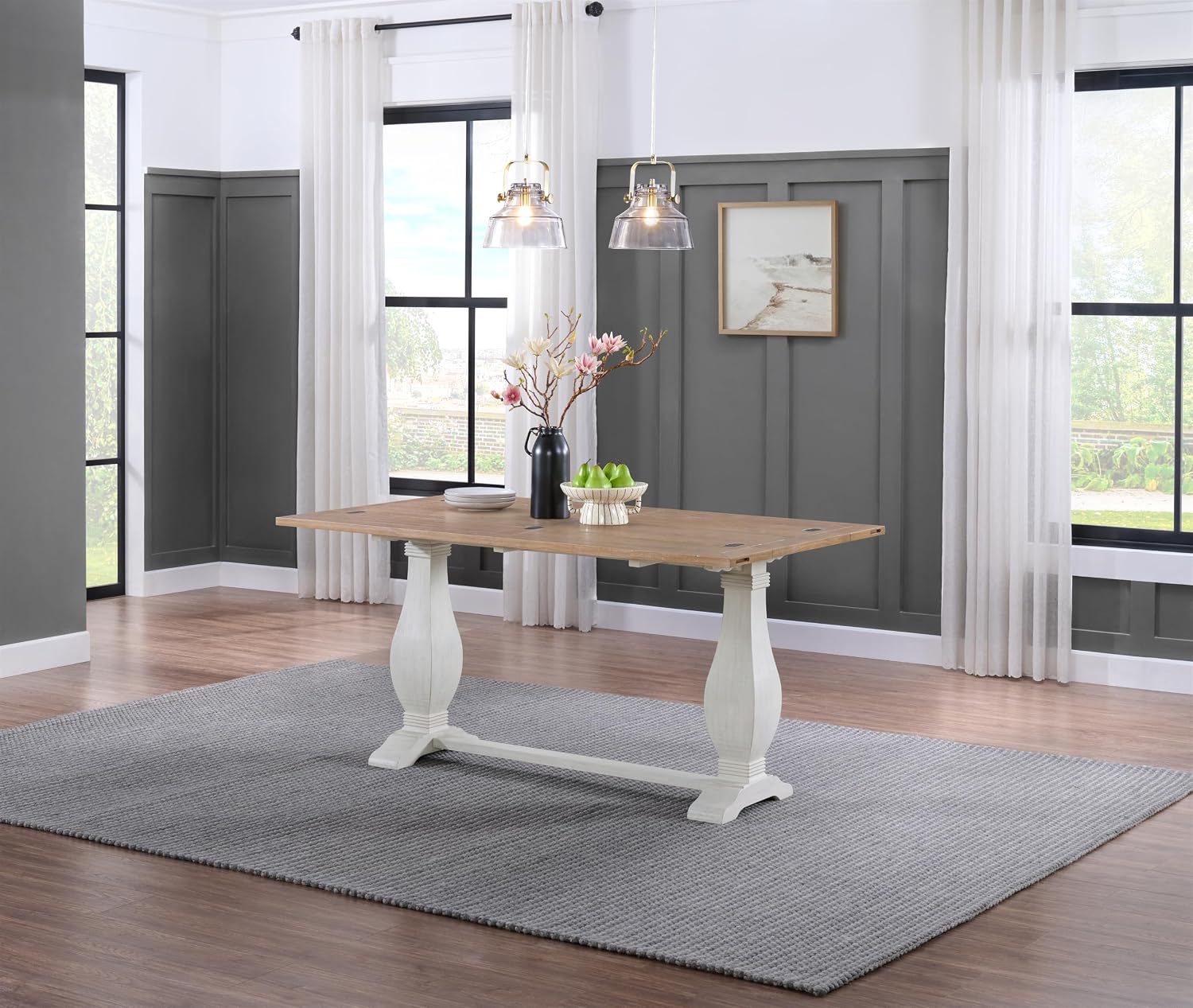 Martin Svensson Home Napa Solid Wood Pedestal Flip-Top Sofa Console Table, White and Driftwood, 60 inches x 18 inches x 30 inches