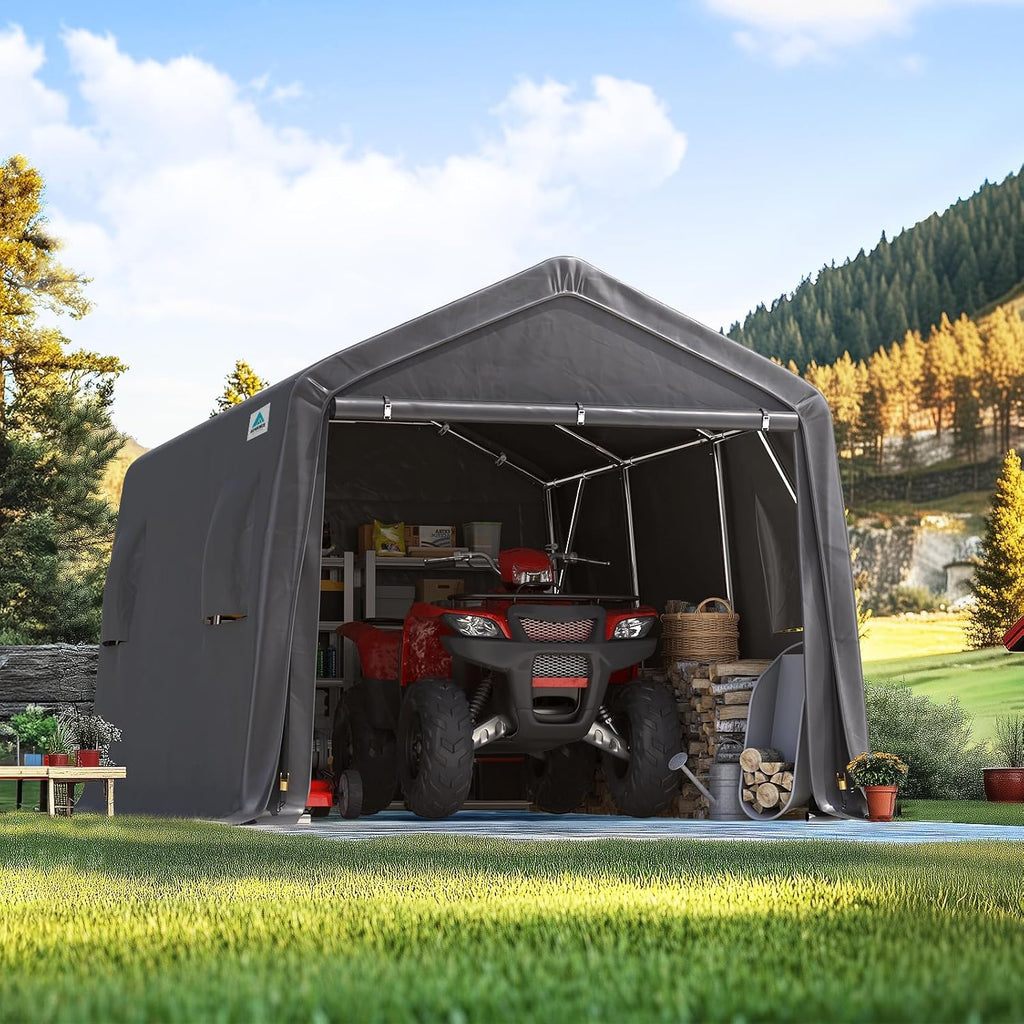 ADVANCE OUTDOOR 10X15 ft Garage Shelter Steel Metal Peak Roof Portable Storage Shed Carport for Motorcycle Boat, or Garden Tools with 2 Roll up Doors & Vents, Gray