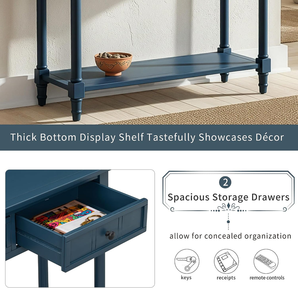 Knocbel Antique Entry Console Table with 2 Drawers & Bottom Open Shelf, Wood Sofa Tables for Entryway Hallway Living Room, 35.34' W x 13.8' D x 30.25' H, Dark Navy