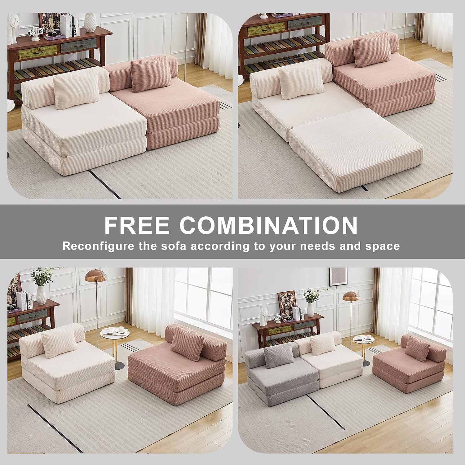 Folding Sofa Bed, Convertible Sleeper Chair with Pillow, Single Sofa with Back Support, Portable Fold Out Chair Cloud Couch Bed, Comfy Floor Sofa Lounge for Living Room Bedroom, Light Grey