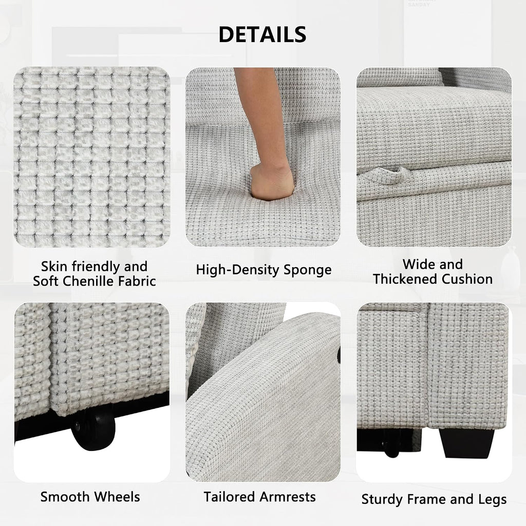 Merax 61.6' Pull Out Sleeper Sofa Bed, Modern Chenille Convertible Loveseat Sofa with Adjsutable Backrest, 2 Pillows, Cup Holders, USB Ports for Living Room, Apartment, White+Gray