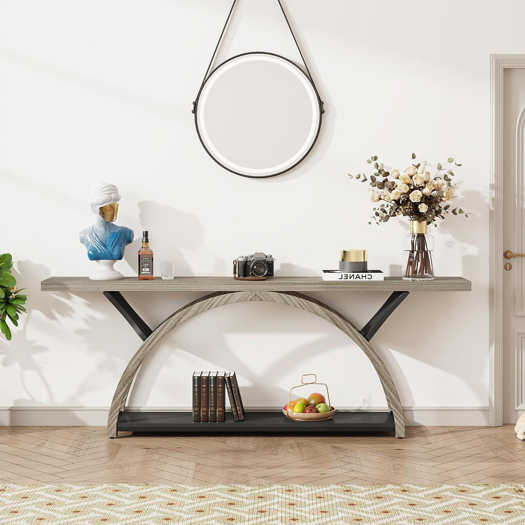 Tribesigns 70.87' Console Table with Storage Shelf, Narrow Long Sofa Table Behind Couch Table, 2-Tier Rustic Entryway Table with Half Moon Frame for Hallway Living Room, Gray & Black (Gray & Black)