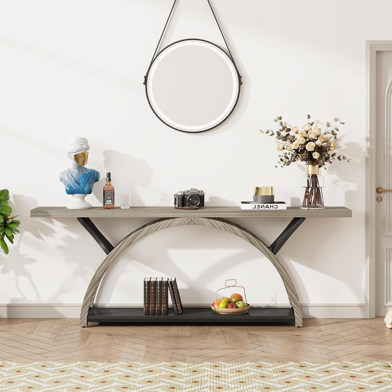 Tribesigns 70.87' Console Table with Storage Shelf, Narrow Long Sofa Table Behind Couch Table, 2-Tier Rustic Entryway Table with Half Moon Frame for Hallway Living Room, Gray & Black (Gray & Black)