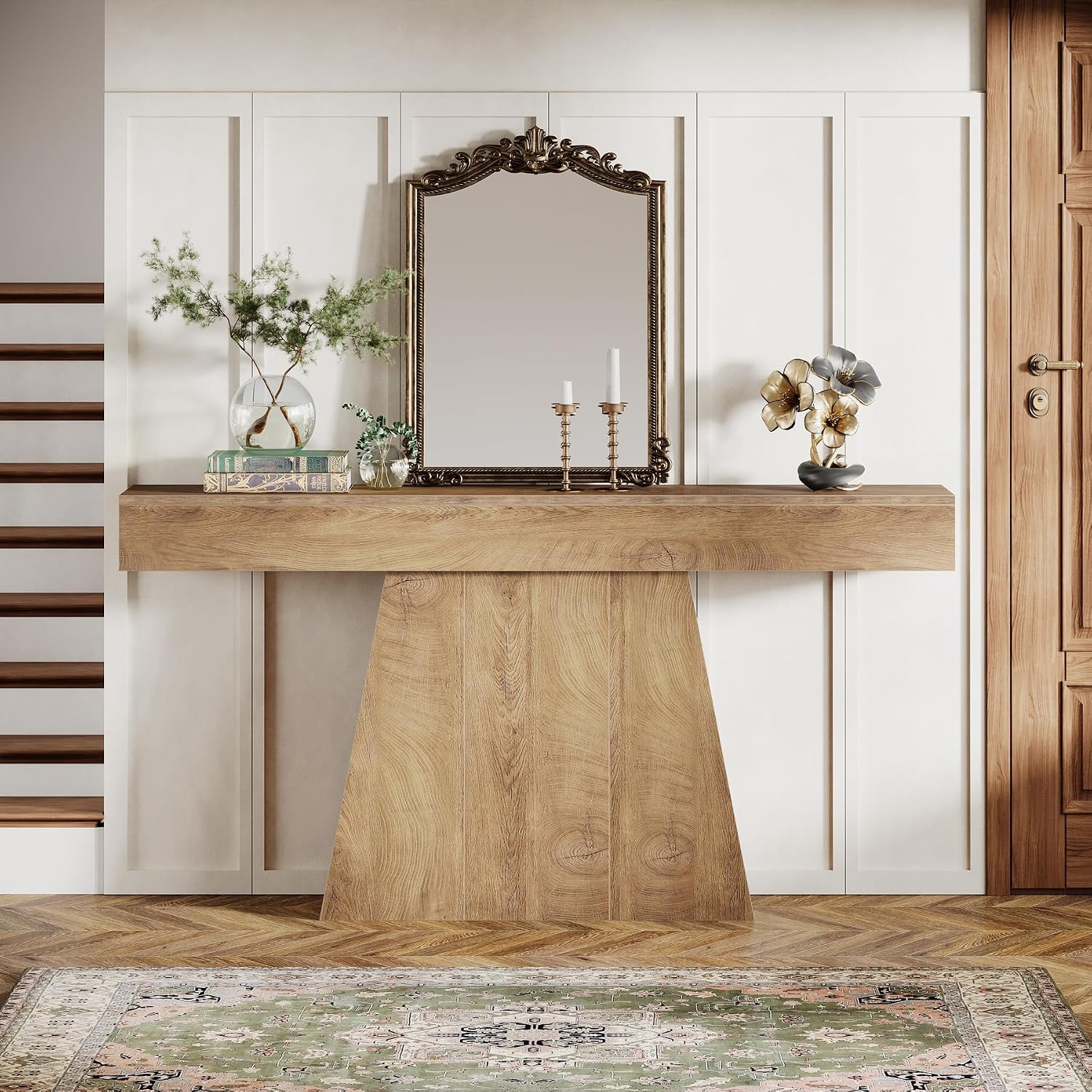 Tribesigns 63' Console Table, Farmhouse Entryway Table with Trapezoidal Base, Narrow Long Wood Sofa Table Behind Couch Table for Entrance, Hallway, Living Room, Natural