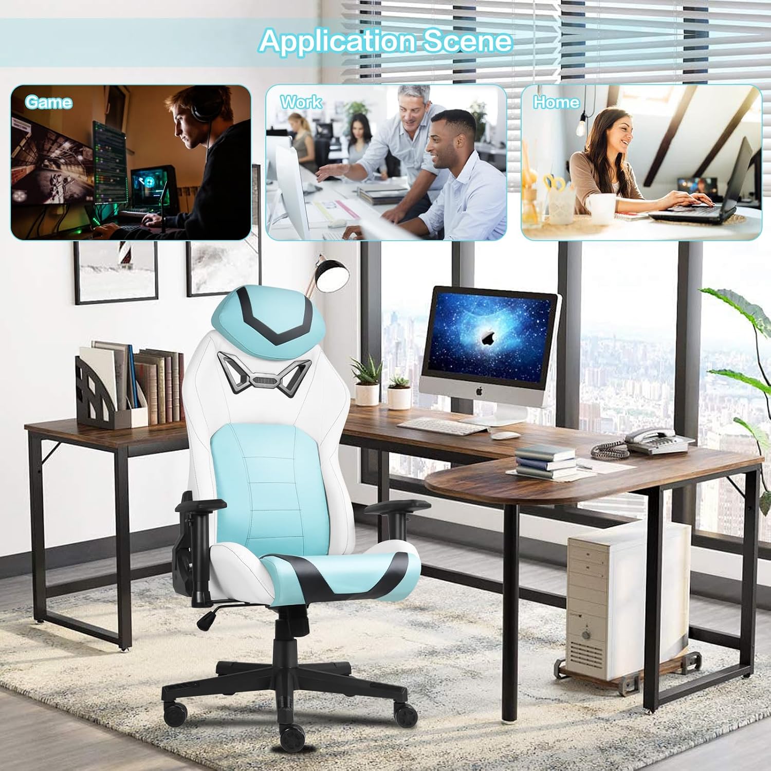 Modern-Depo Ergonomic Gaming Chairs for Adults with High-Density Memory Foam | Swivel Comfortable Office Chair, Big and Tall Video Game Chair, High Back Computer Chair for Home, Office, Cyan White