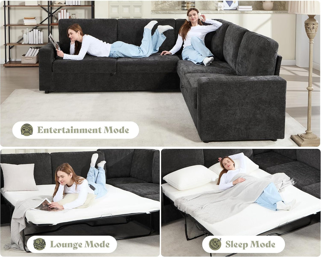 AMERLIFE 106' Oversized Sofa Bed, Sectional Sleeper Sofa with Pull Out Bed, 3 in 1 Convertible Sofa Bed, L Shaped Couch with Storage, High Resilience Mattress, Chenille Grey