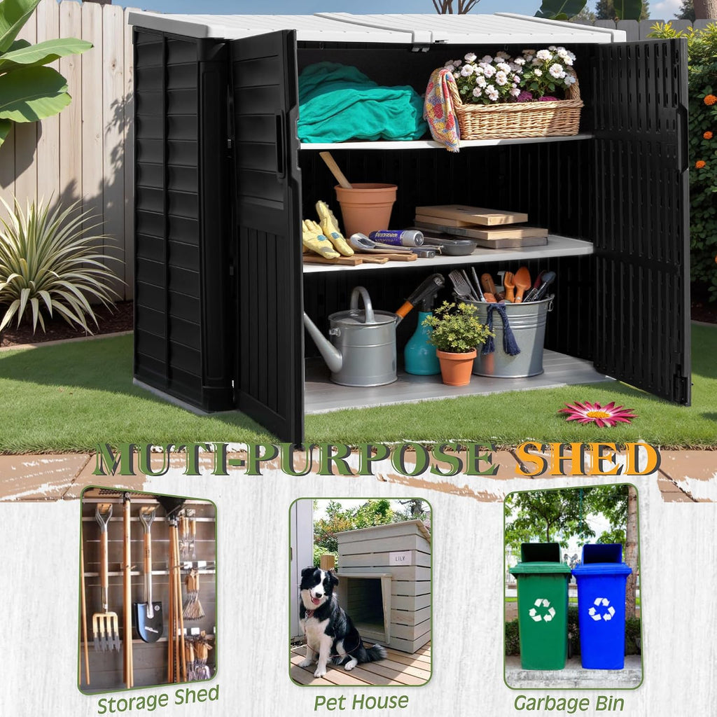 Greesum Outdoor Trash Can Storage Shed, 34 Cu.ft Waterproof Horizontal Storage Shed, Portable Horizontal Resin Storage Shed for Garden, Backyard, Patio, Dark Black
