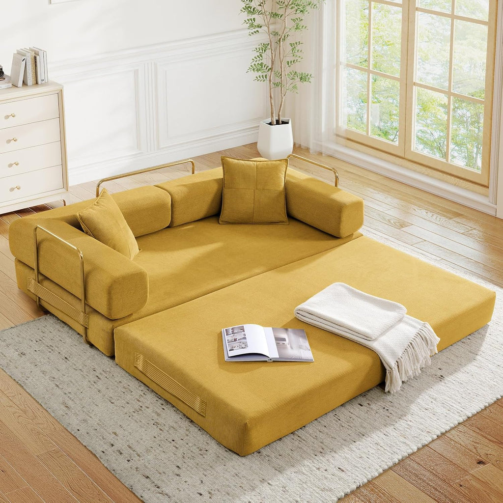 Modular Couch Bed, Convertible Folding Plush Corduroy Comfy Floor Memory Foam Compression Loveseat Sleeper Sofa Couch, King Size Bed for Guest Room Living Room Bedroom, No Assembly, Mustard Yellow