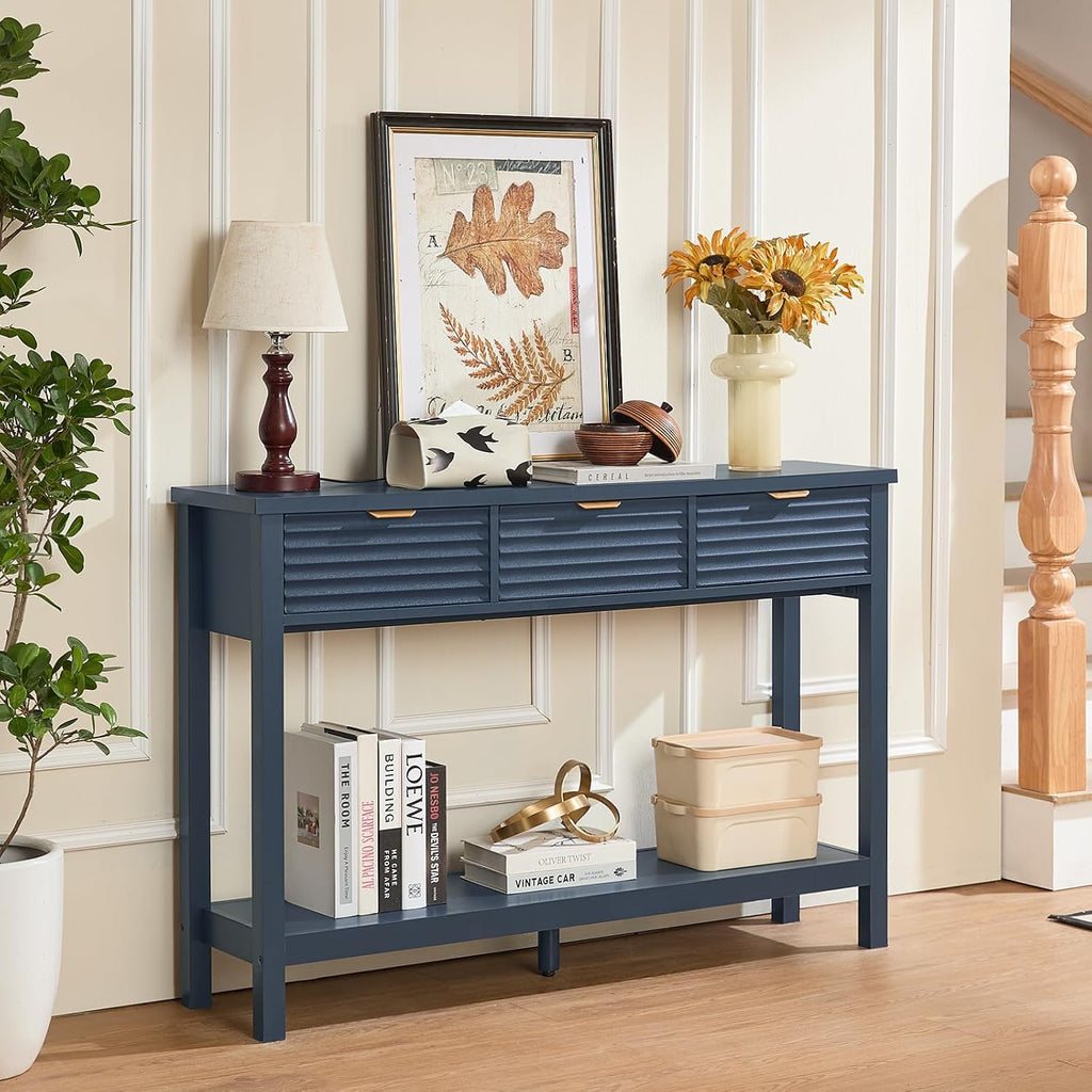 LEYAOYAO Fluted 47.2' Console Table with 3 Drawers, Modern Wood 2 Tier Entryway Table with Open Storage Shelf, Sofa Entry Tables Behind Couch for Living Room, Hallway, Entrance Foyer, Dark Navy Blue