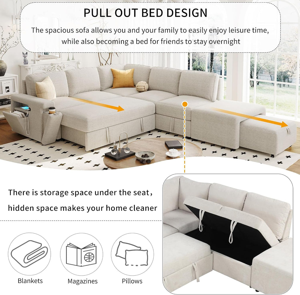 LUMISOL 90' Convertible Sleeper Sofa Bed with Pull-Out Bed & Ottoman, L-Shaped Sectional Sofa Bed with USB Ports, Cup Holders & Storage, Corner Sofa Couch with Storage Chaise for Living Room, Beige
