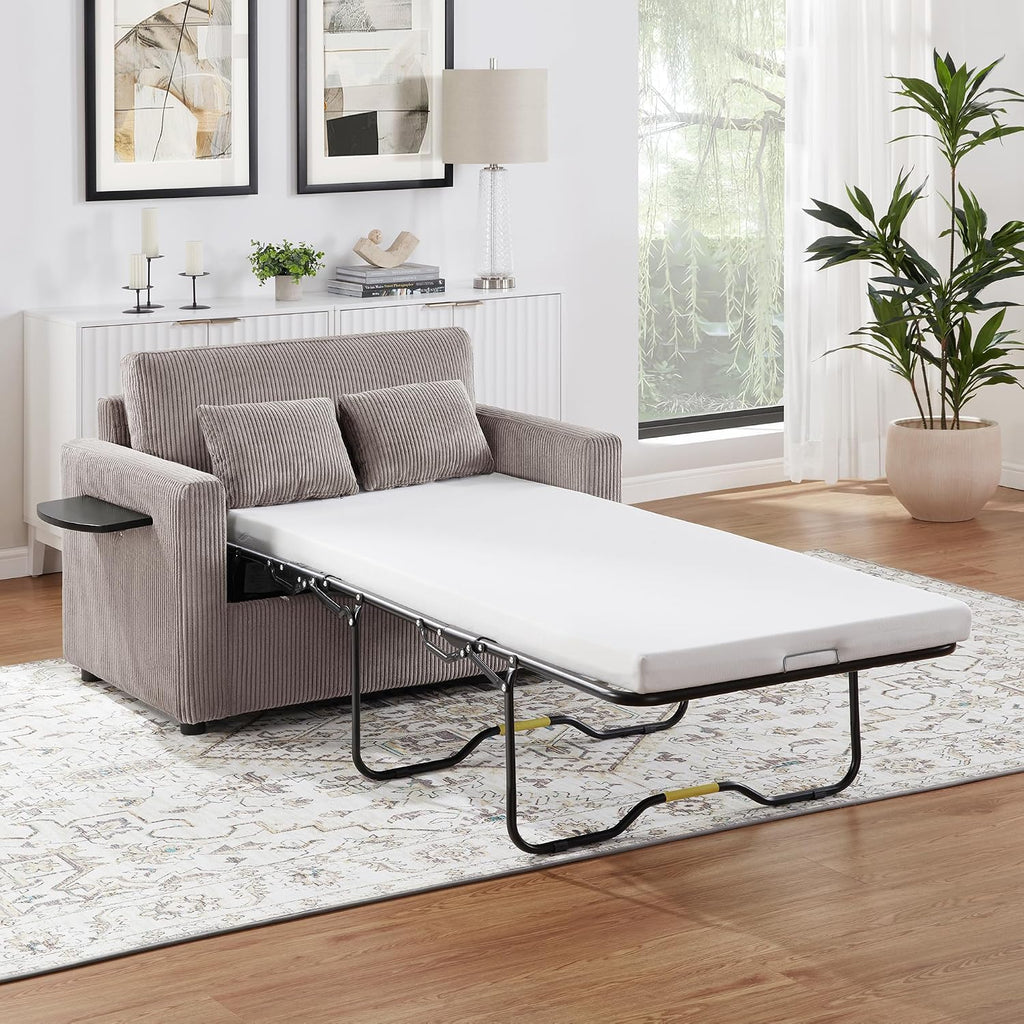 Twin Size Sofa Bed 47.2' Sleeper Sofa Loveseat Sofa with a Foldable Mattress, a Foldable Side Table, a Side Storage Pocket and Two USB Ports for Living Room, Grey-Brown