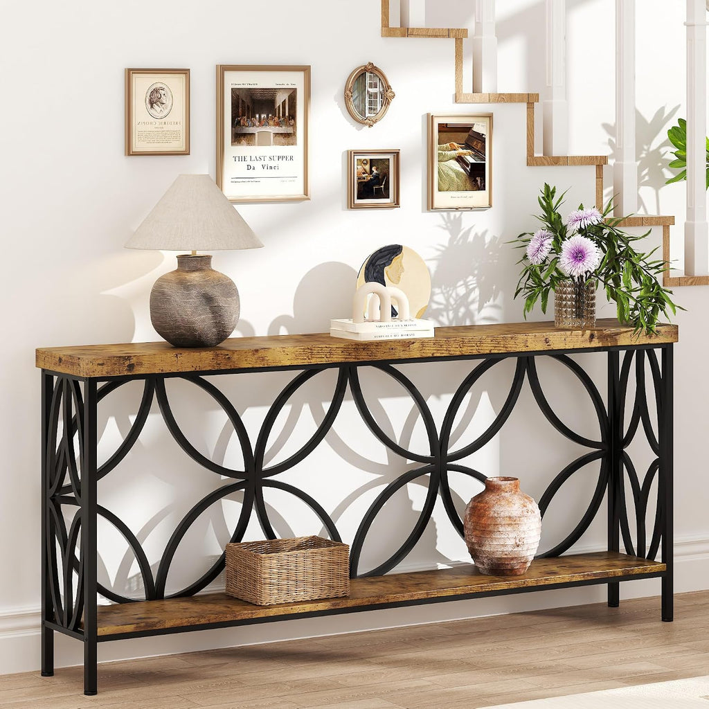 karlott 70.9 inch Extra Long Console Table, Industrial Sofa Table Behind Couch with 2 Tier Storage Shelf, Narrow Long Entryway Table for Living Room, Foyer, Hallway, Office, Rustic Brown