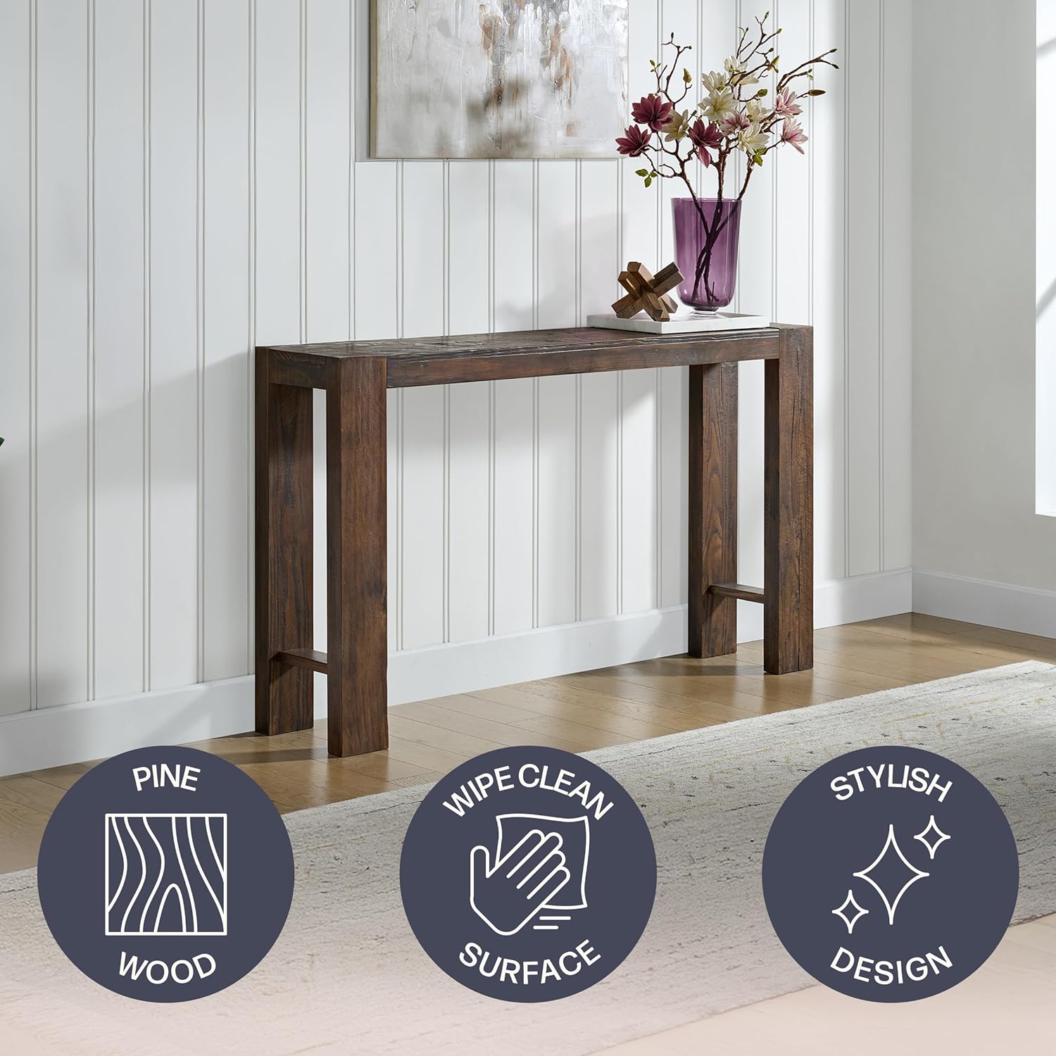 Alaterre Furniture Classic Solid Wood Console Table - 56 Inch Modern Farmhouse Entryway Table - Easy Assembly Living Room Furniture for Behind The Couch, Entryway, or Hallway (Brown)