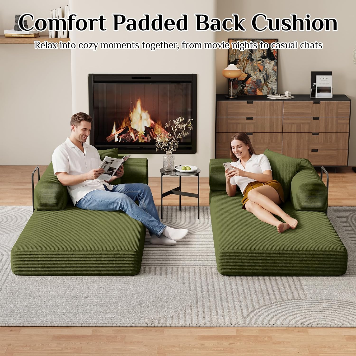 DAMAIFROM Convertible Sleeper Sofa Bed with Cylindrical Pillow,Corduroy Folding Mattress Couch with Fixed-Shape Frame,Modular Floor Sofa Lounge Couch for Living Room Bedroom Lounge,80',Olive Green