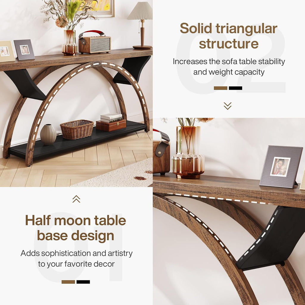 Tribesigns 70.87' Console Table with Storage Shelf, Narrow Long Sofa Table Behind Couch Table, 2-Tier Rustic Entryway Table with Half Moon Frame for Hallway Living Room (Brown & Black)