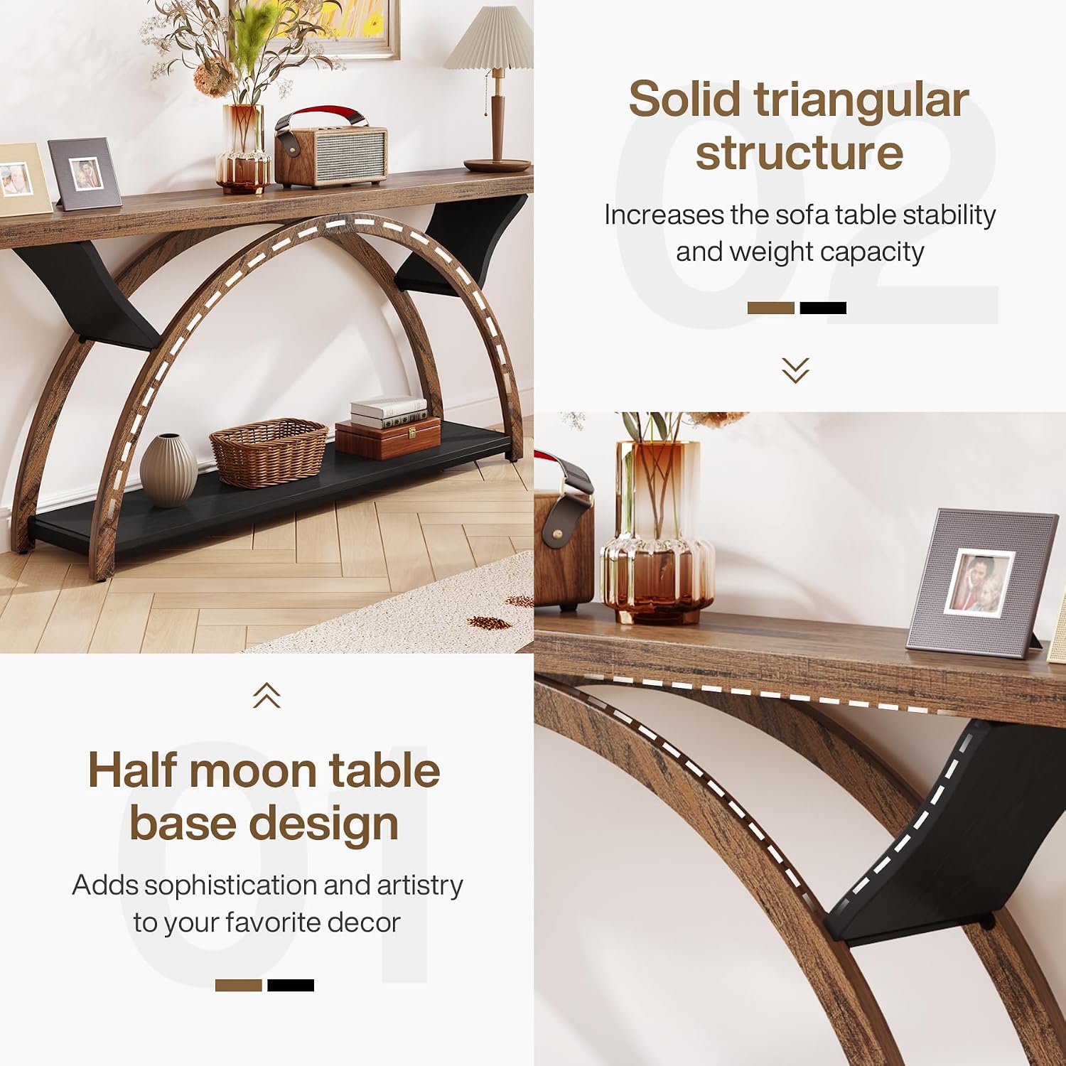 Tribesigns 70.87' Console Table with Storage Shelf, Narrow Long Sofa Table Behind Couch Table, 2-Tier Rustic Entryway Table with Half Moon Frame for Hallway Living Room (Brown & Black)