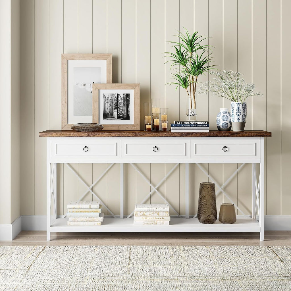 Tribesigns 70.8' Console Table with 3 Drawers, Farmhouse Entryway Table with Storage Shelf, Narrow Long Sofa Foyer Table for Entryway, Hallway (White/Brown)