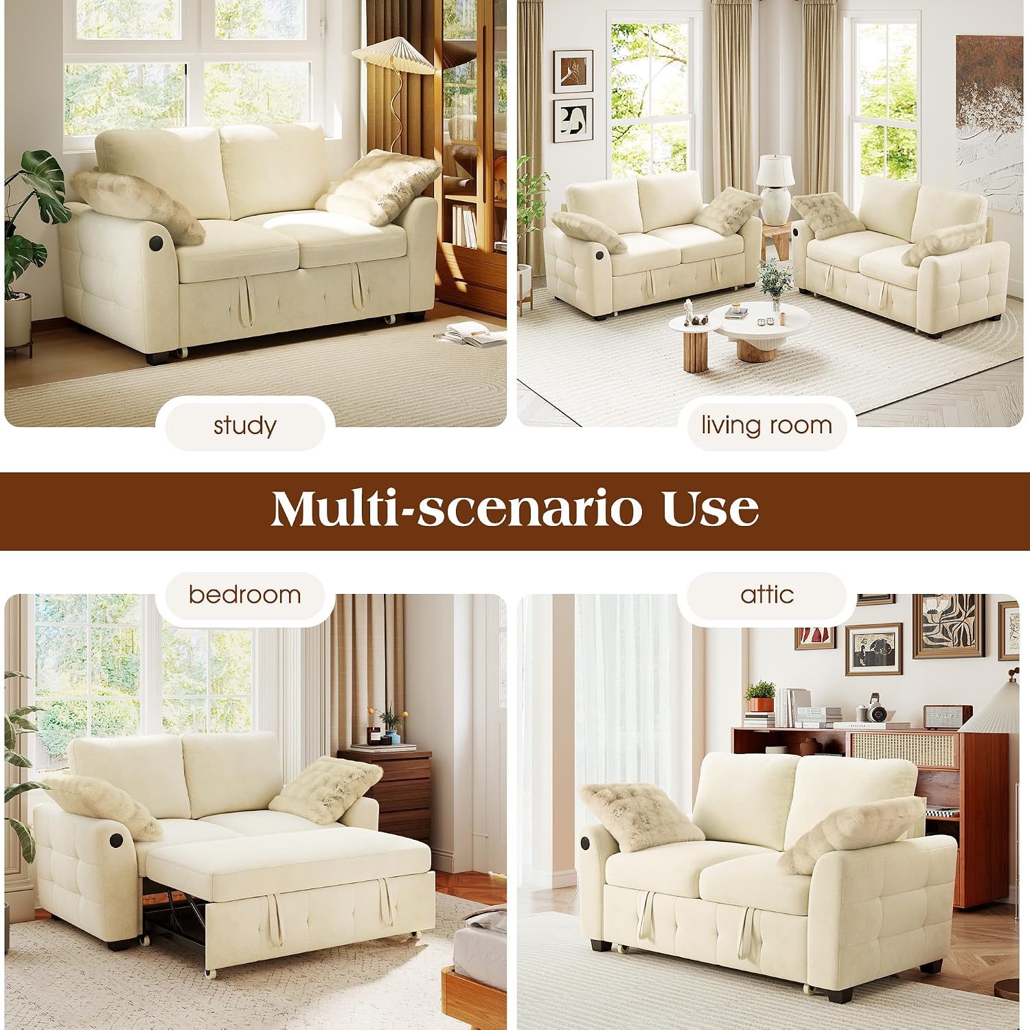 Ihanherry 59-inch Convertible Sofa Bed, Pull Out Sleeper with USB Port & Wide Armrests, 2-in-1 Chenille Fabric Loveseat with 2 Pillows, Space-Saving for Small Apartment, Living Room, Bedroom（Beige）