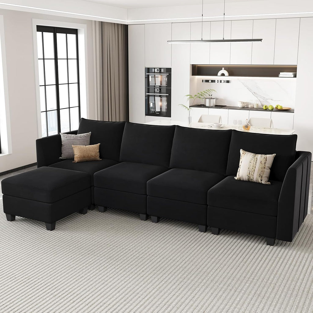 Belffin Modular Sectional Sofa Couch with Reversible Chaise Velvet L Shaped Storage 4-seat Convertible Black