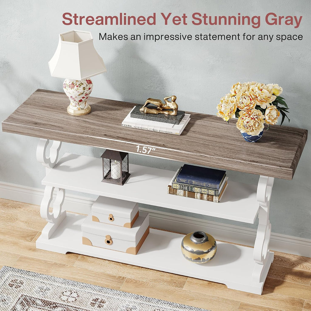 Tribesigns Farmhouse Console Table, 55 inch Long Sofa Table with Storage Shelves, 3 Tier Wood Accent Entry Table for Hallway, Entrance, Living Room, Foyer, Grey and White