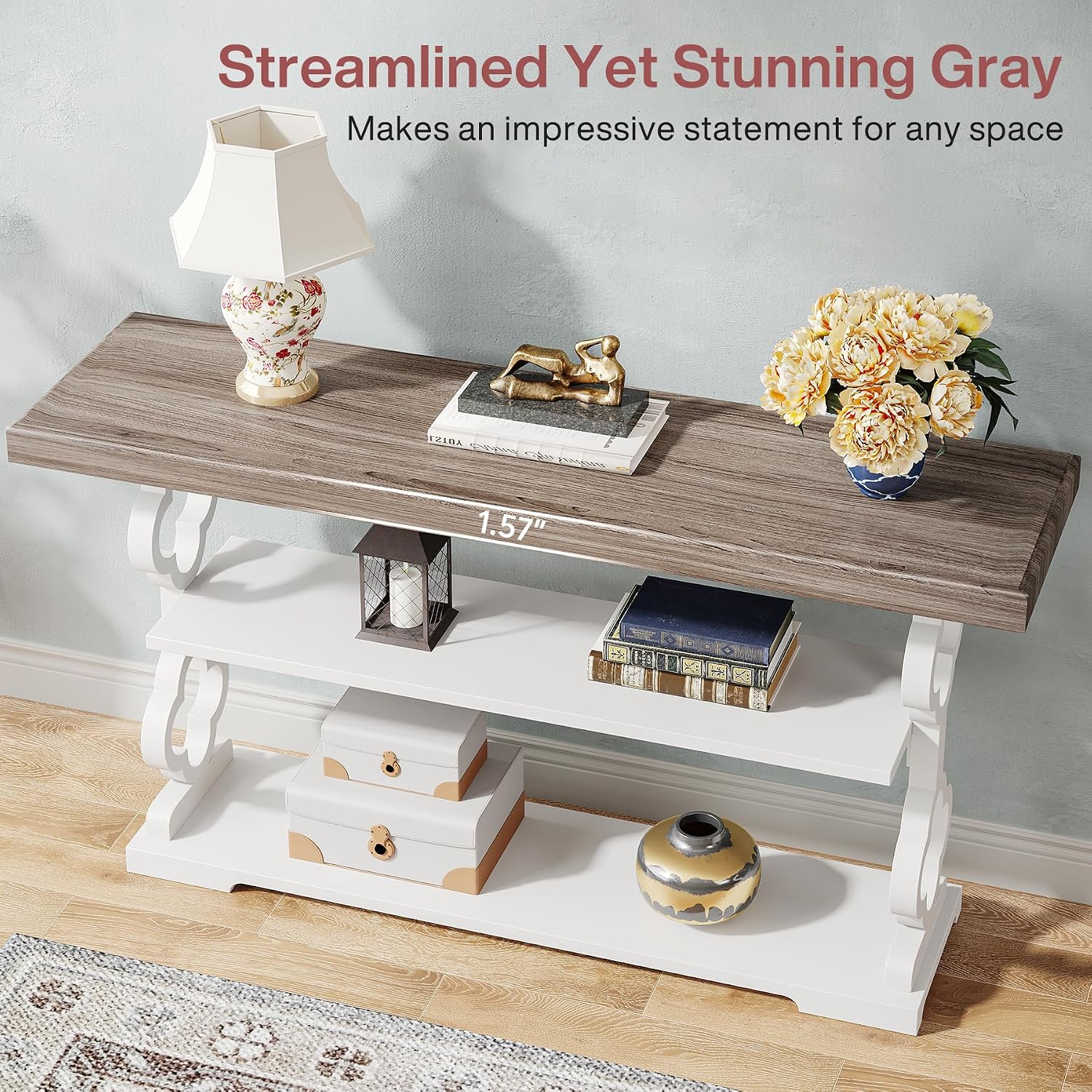 Tribesigns Farmhouse Console Table, 55 inch Long Sofa Table with Storage Shelves, 3 Tier Wood Accent Entry Table for Hallway, Entrance, Living Room, Foyer, Grey and White