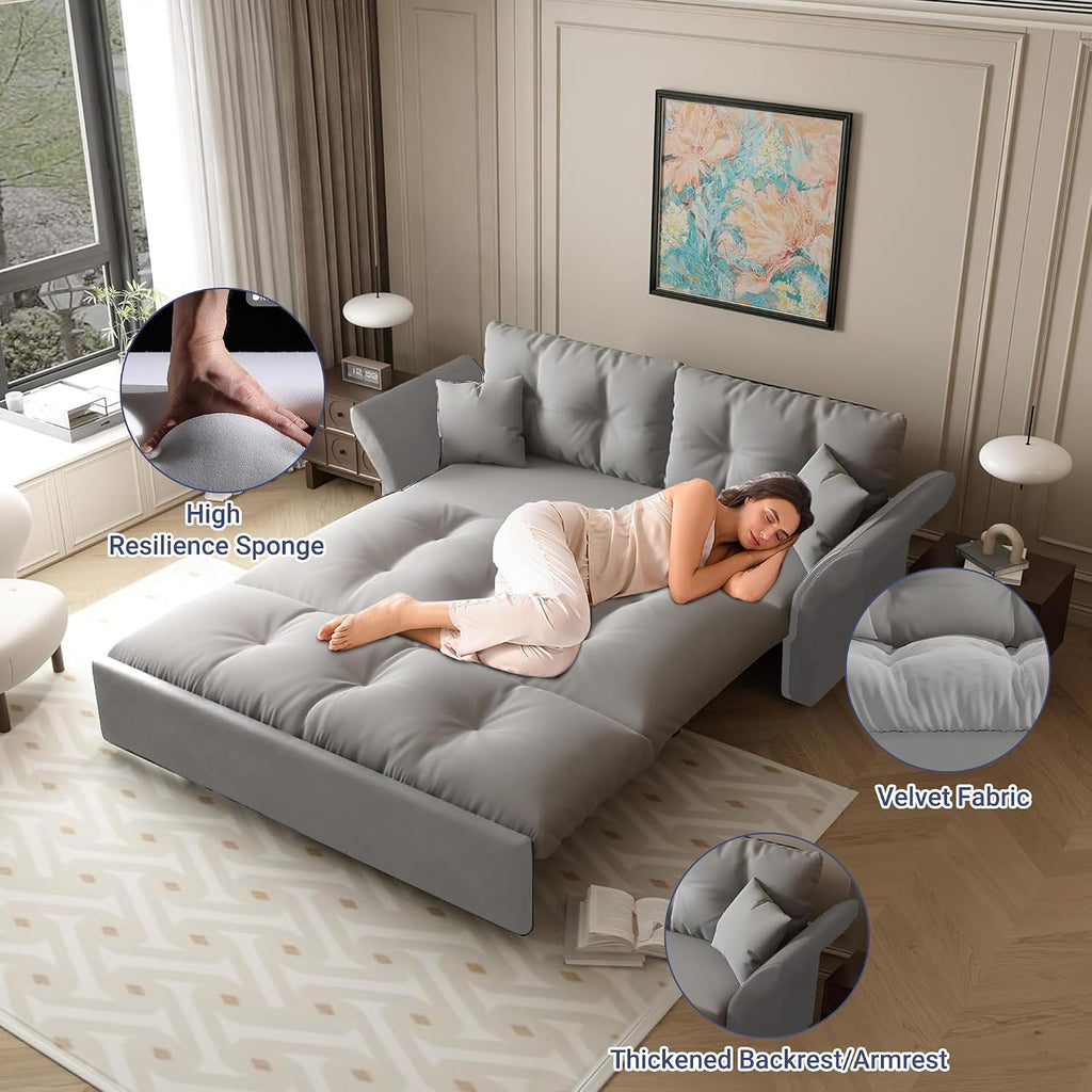 74.8' Queen Size Sleeper Sofa with Pull Out Bed, 3-in-1 Convertible Loveseat Sofa with 2 Pillows, Portable Pull Out Chaise for Living Room Apartment Small Spaces, Grey