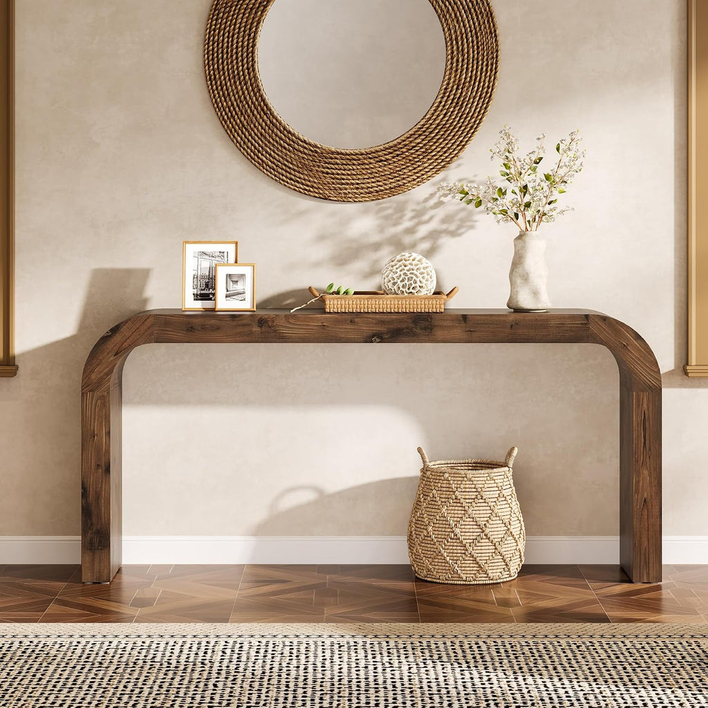 Solid Wood Console Table, 70.87-Inch Farmhouse Sofa Table with Waterfall Curved Corners for Hallway, Living Room, Behind Couch, Entrance (Dark Brown)