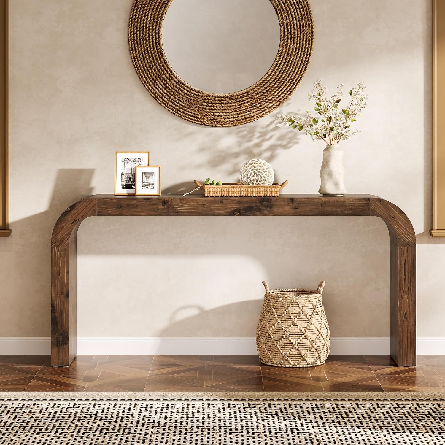 Solid Wood Console Table, 70.87-Inch Farmhouse Sofa Table with Waterfall Curved Corners for Hallway, Living Room, Behind Couch, Entrance (Dark Brown)