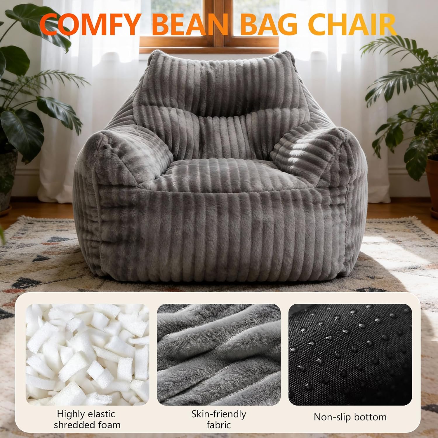 Bean Bag Chair for Adults with Armrests, Bean Bag Sofa with Back Support for Living Room, Bedroom, Dorm, Cozy Fluffy BeanBag Lazy Couch (Gray)
