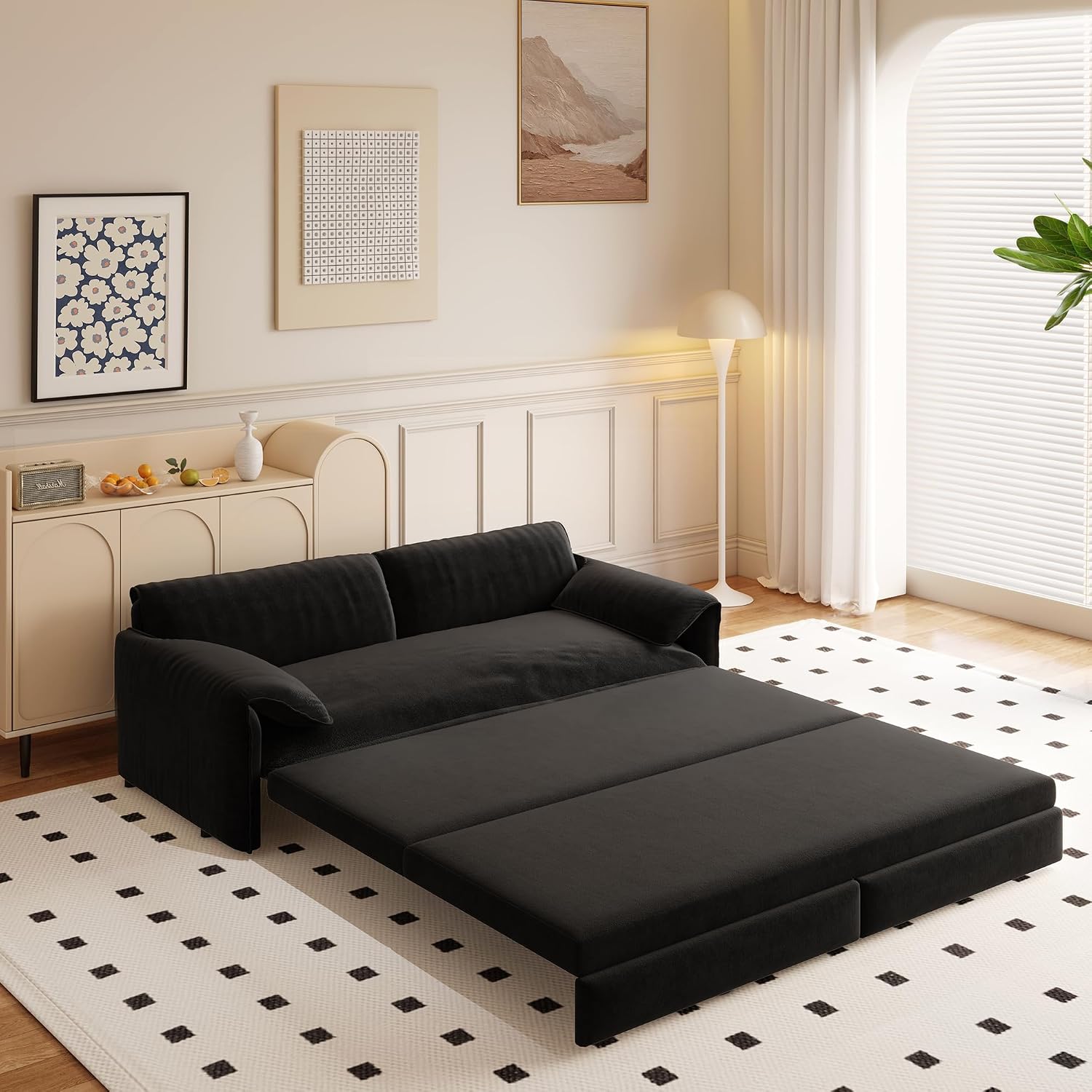 66' Queen Size Pull Out Sofa Bed, 3-in-1 Convertible Sleeper with Side Storage and Wheels, Velvet Loveseat for Living Room, Apartment, Bedroom, Black (Mattress & Bedding Not Included)