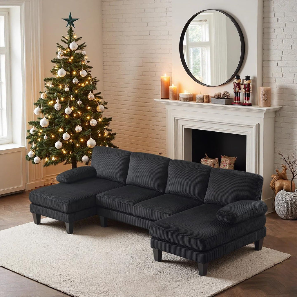 VINGLI 110' Sectional Couches for Living Room,U Shaped Couch with Double Chaise, 4-Seat Sofa Set with Corduroy Fabric for Home Furniture,Black