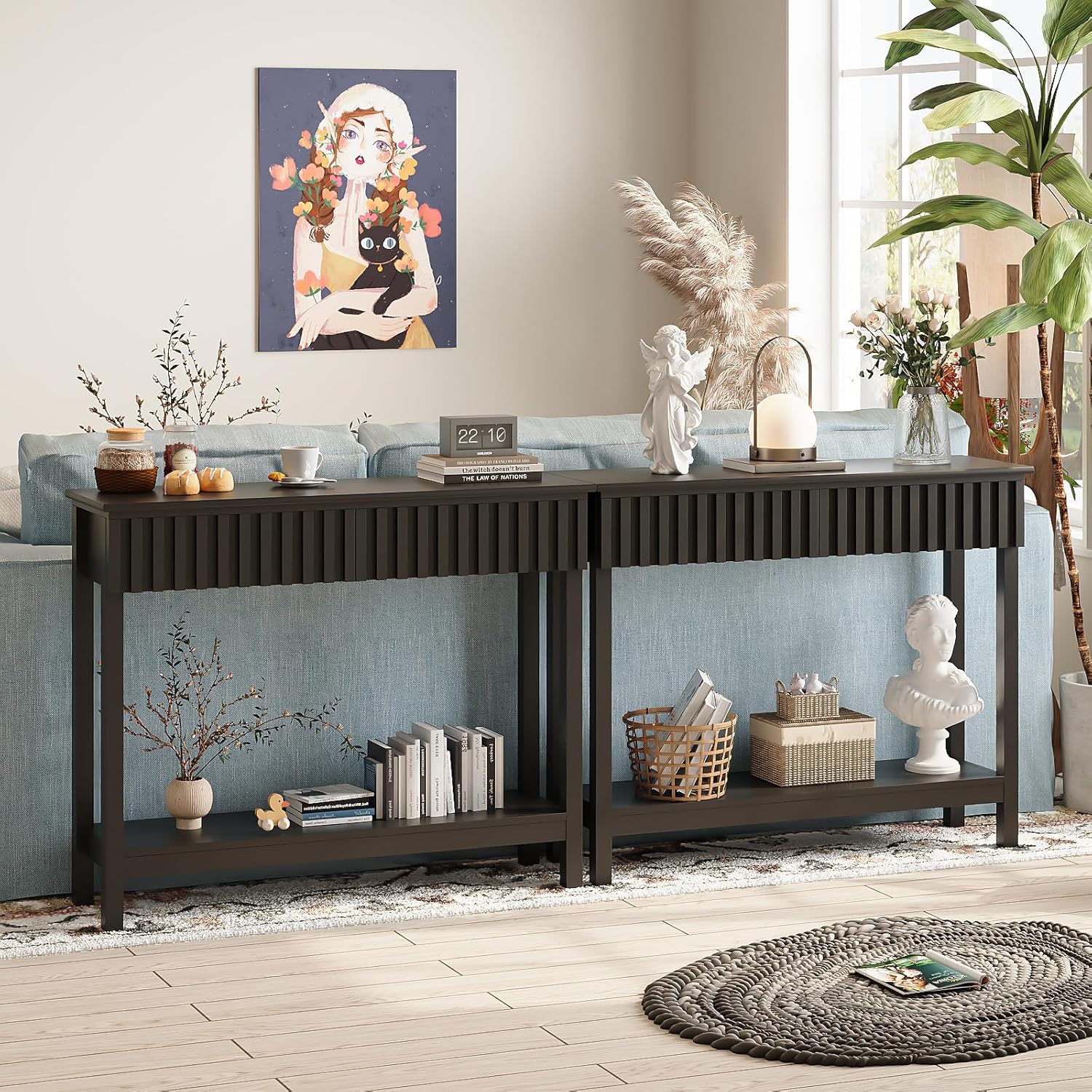Trironsun Fluted Console Table with 2 Drawers Narrow Sofa Table with Open Storage Shelf Modern Behind Couch Tables Long Entryway Table for Foyer Hallway