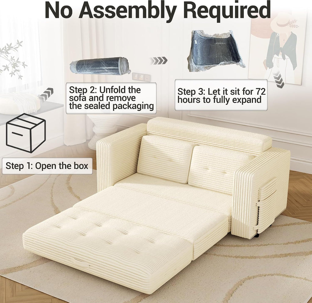 2 in 1 Convertible Sofa Bed, Pull Out Loveseat Boneless Couch, Sleeper Sofabed, Folding Couch Bed with Pillow for Living Room Bedroom, Beige (Slightly Yellow)