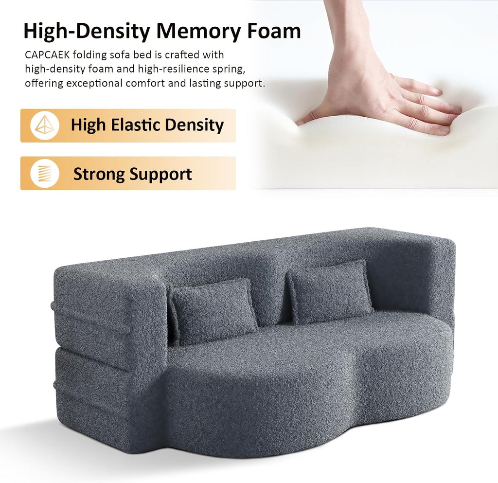 CAPCAEK Convertible Sleeper Sofa Bed,15' Thick Full Size Folding Floor Couch with 2 Pillows, Teddy Fabric Foam-Filled Futon Loveseat Couch for Living Room, Guest Use, Office, Apartmen (Grey)