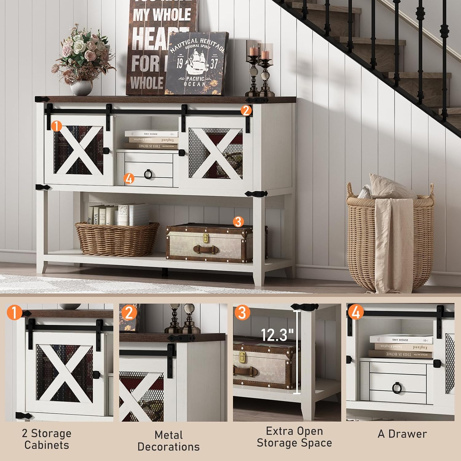 Hlivelood Farmhouse Entryway Table with 2 Sliding Barn Doors & Drawer, 46'' Rustic Console Table with Storage, Open Shelf Space, Industrial Sofa Table for Living Room, Entryway, Hallway, Vintage White