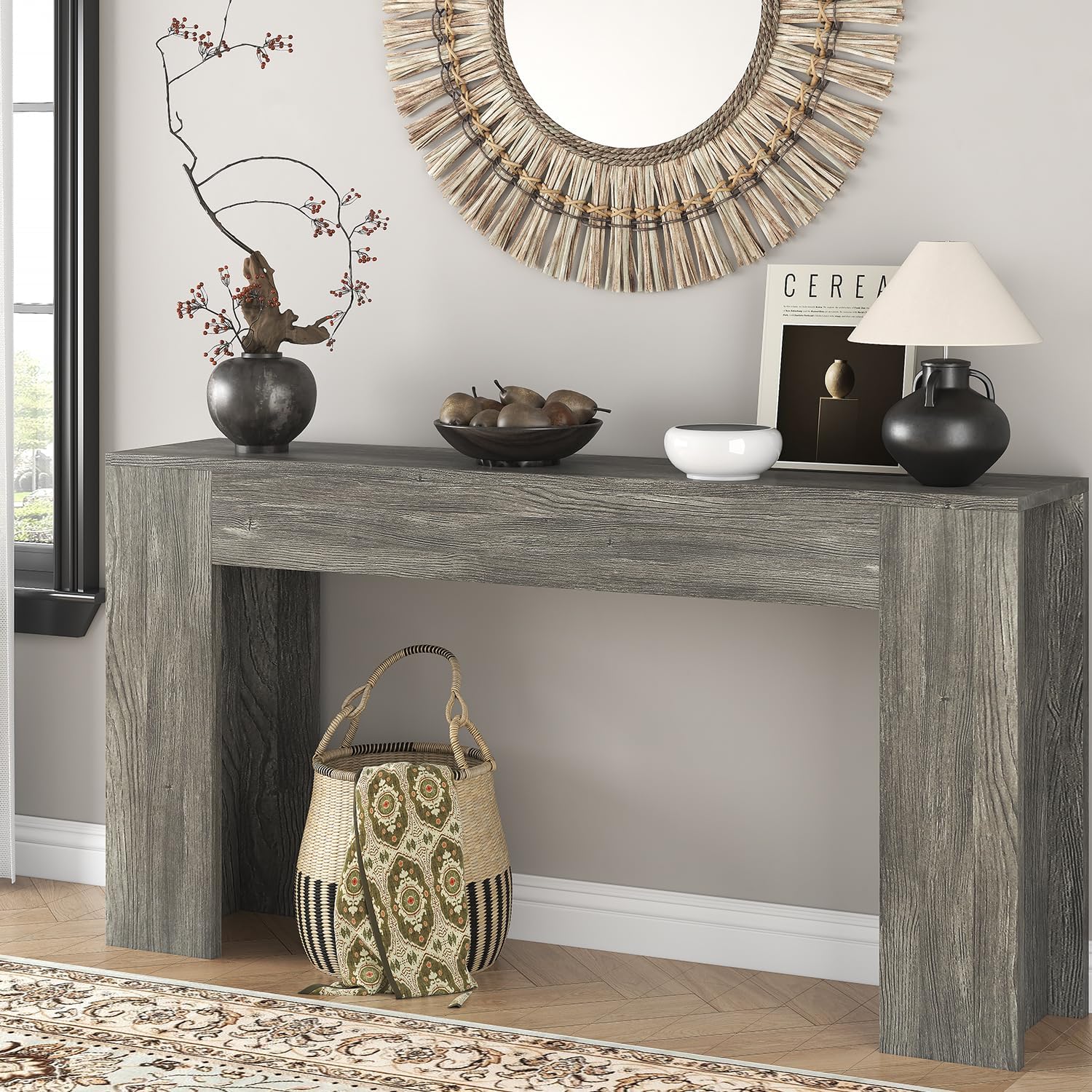 knoworld 63-Inch Long Console Table with LED Light, Farmhouse Sofa Table Behind Couch, Wooden Console Table for Entryway Hallway Entrance Living Room, Gray