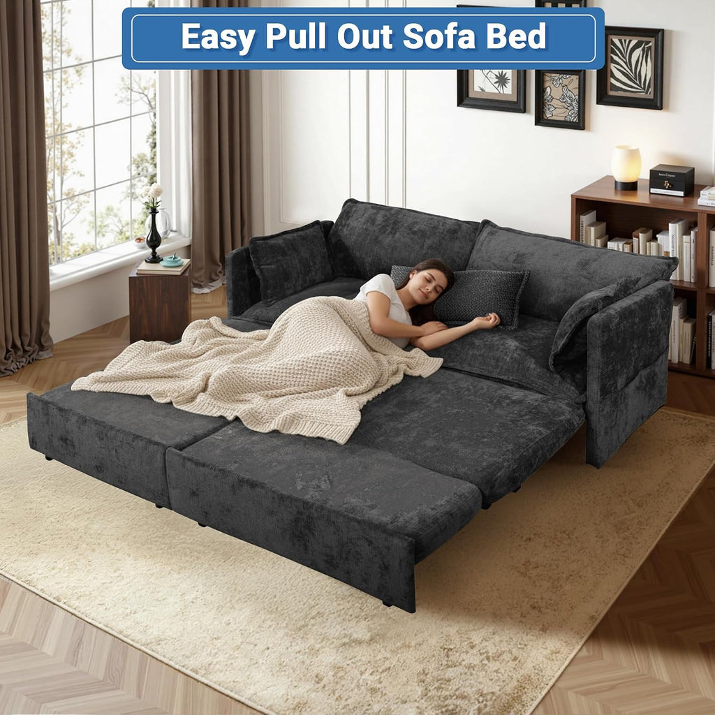 73' Sleeper Sofa Bed, 3-in-1 Pull Out Couch with USB/Type-C Charging & Side Pockets, Convertible Chenille Loveseat Chaise Lounge, Space-Saving Sofa for Living Room, Black