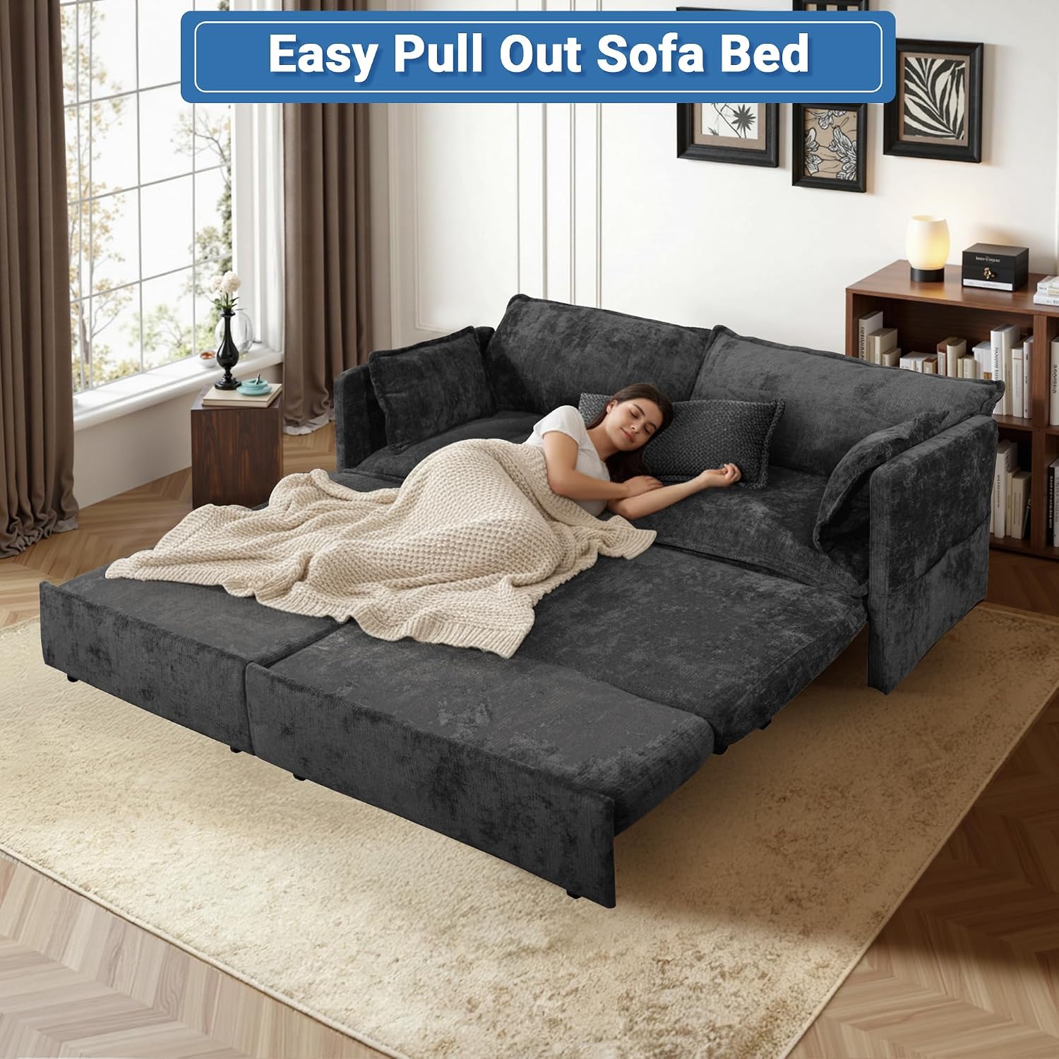 73' Sleeper Sofa Bed, 3-in-1 Pull Out Couch with USB/Type-C Charging & Side Pockets, Convertible Chenille Loveseat Chaise Lounge, Space-Saving Sofa for Living Room, Black