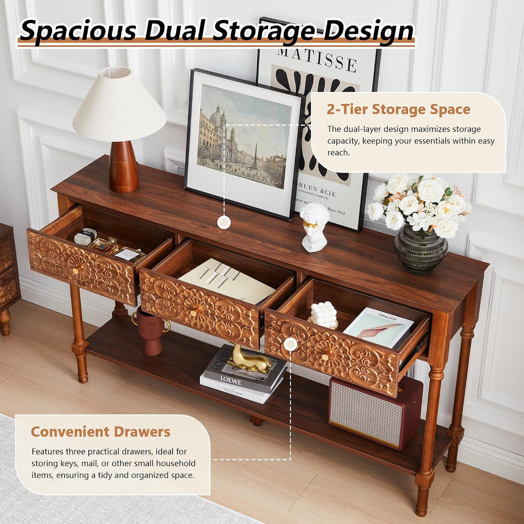 weselon 55.5' Carved Console Table with 3 Drawers, 2-Tier Sofa Table with Glossy Floral Surface and Solid Wood Legs, Mid-Century Modern Entryway Table for Living Room Hallway (Walnut)