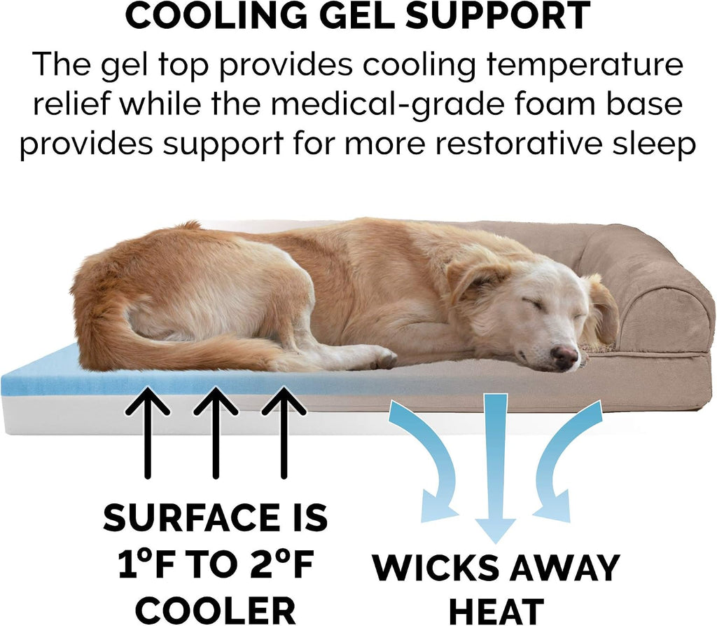 Furhaven Cooling Gel Dog Bed for Large Dogs w/ Removable Bolsters & Washable Cover, For Dogs Up to 125 lbs - Plush & Suede Sofa - Almondine, Jumbo Plus/XXL