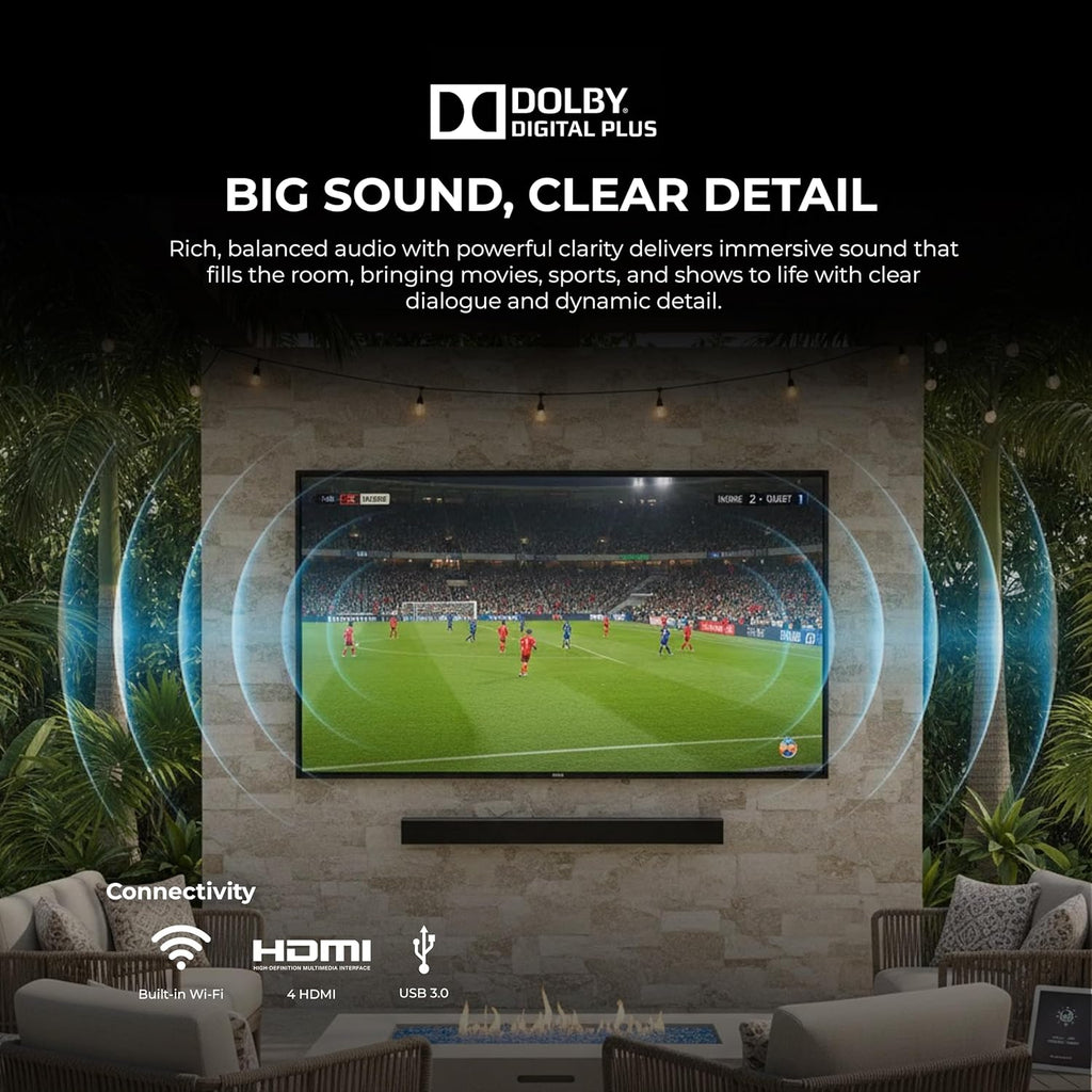 Titan S100 QLED 85 Inch Outdoor TV, Covered Patio, IP65 Smart Weatherproof TV, 4K HDR, 60 Hz, Tizen AI OS, 800 Nits, Wi-Fi 5, HDR10+, Outdoor TV Cover, Slim Bezel, 2 Yr Wty