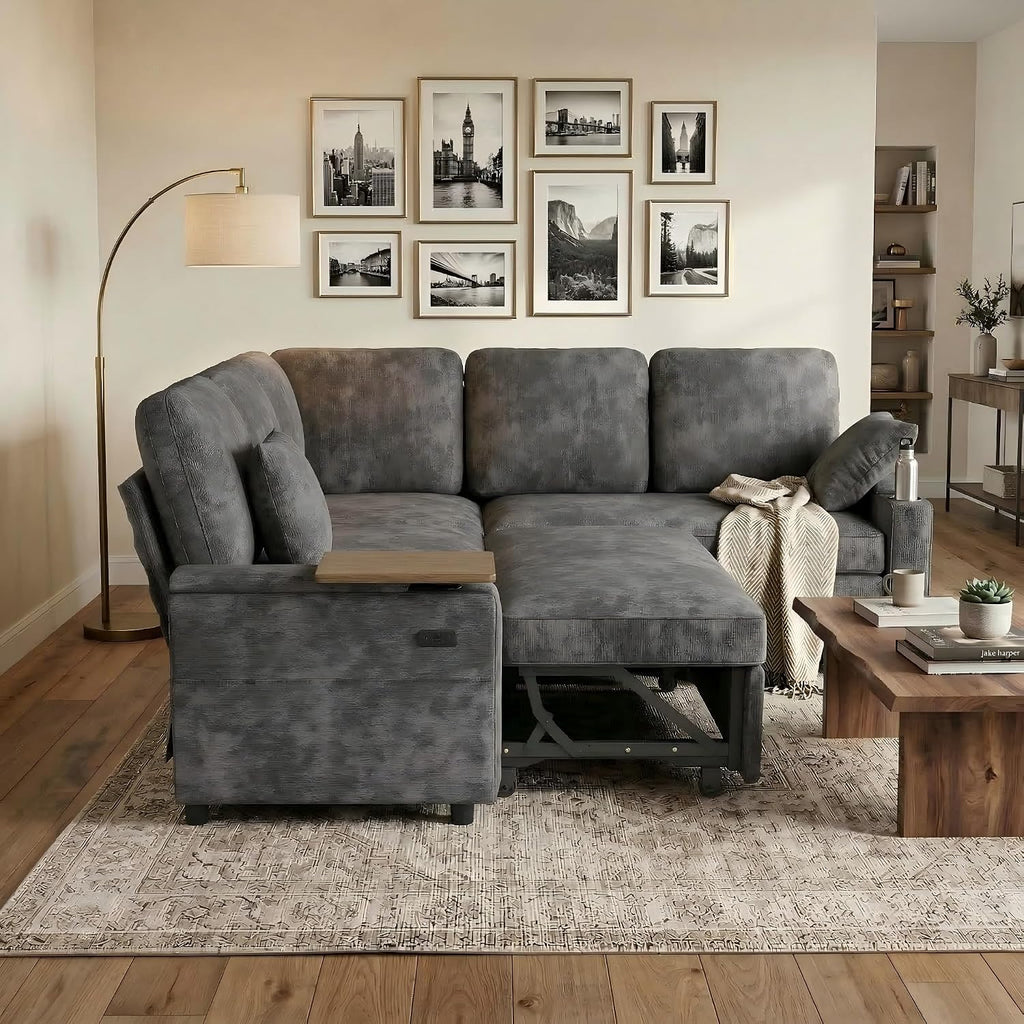 81' Modular Sectional Sofa, L Shaped 5-Seater Sleeper Sofa with Pull Out Bed, Hidden Storage, Cup Holders & USB Charging Ports, Sectional Couches for Living Room, Chenille, Grey