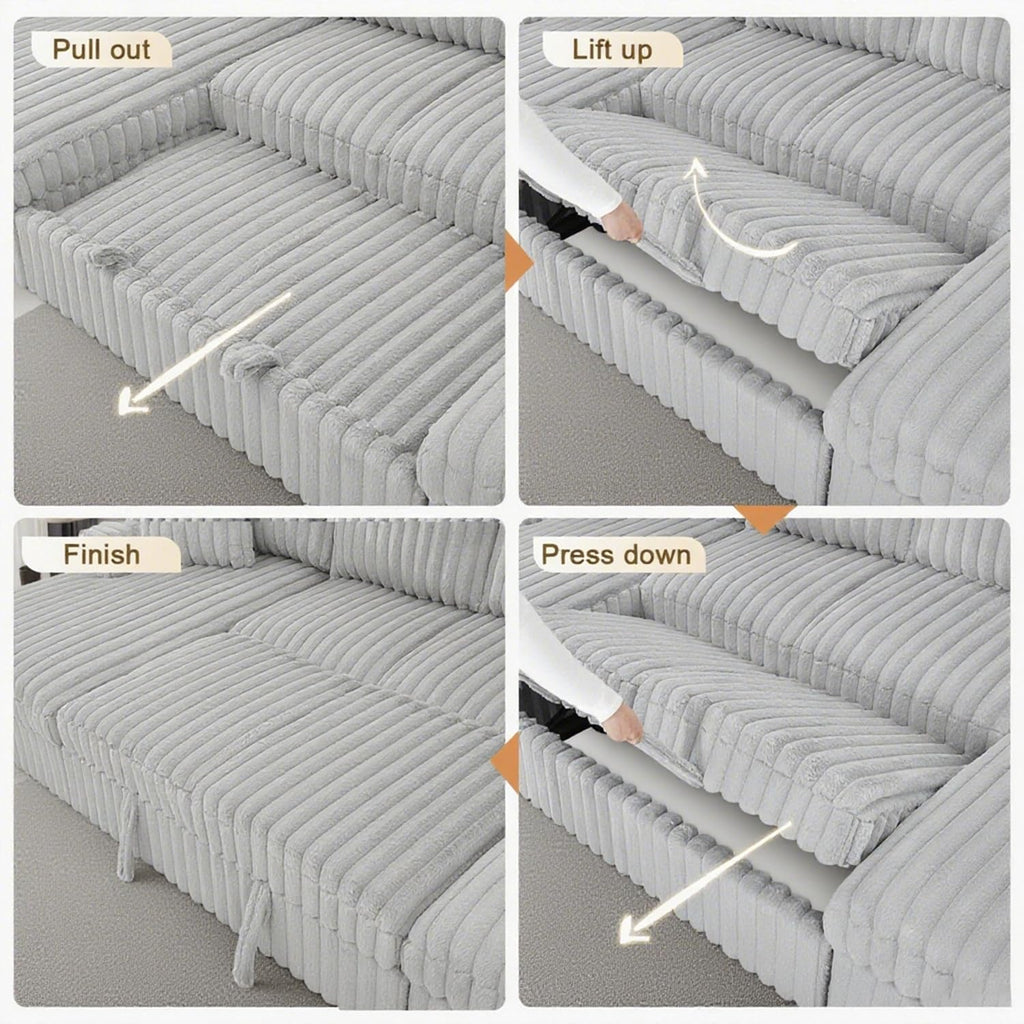 122 Inch Oversized U-Shaped Corduroy Sectional Sleeper Sofa with Pull Out Bed, Fluffy Plush Convertible Couch Bed with Storage Chaise for Living Room, Grey