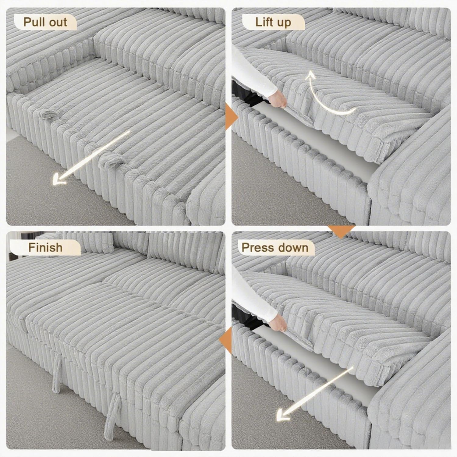122 Inch Oversized U-Shaped Corduroy Sectional Sleeper Sofa with Pull Out Bed, Fluffy Plush Convertible Couch Bed with Storage Chaise for Living Room, Grey