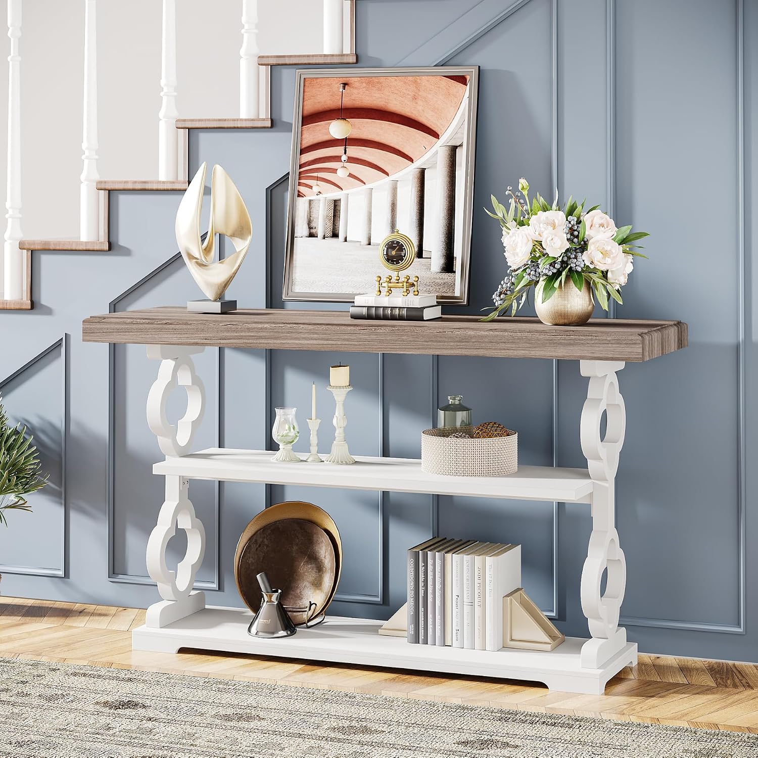 Tribesigns Farmhouse Console Table, 55 inch Long Sofa Table with Storage Shelves, 3 Tier Wood Accent Entry Table for Hallway, Entrance, Living Room, Foyer, Grey and White