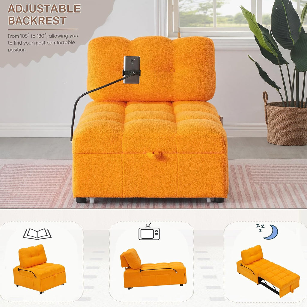 Majnesvon Modern Teddy Fabric Sofa Bed Futon,3 in 1 Convertible Pullout Bed Couches with 3 Reclining Backrests,Phone Stand,Small Sofa Single Sleeper Chair Bed for Living Room Bedroom (Orange)