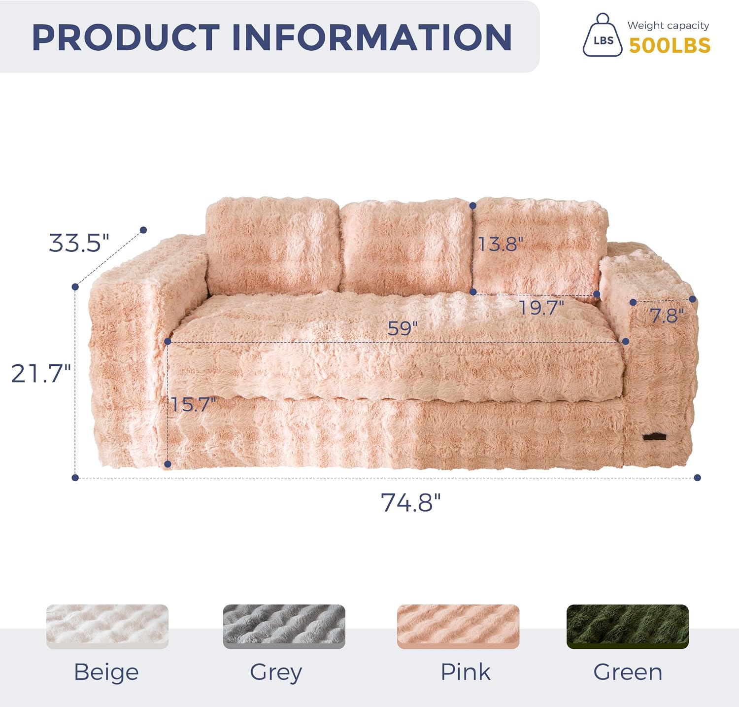 MAXYOYO 3 Seater Sofa for Living Room, Tufted Boneless Couch Bubbled Sofa Couch, Comfy Bean Bag Chair for Bedroom Apartment, No Assembly Needed, Pink