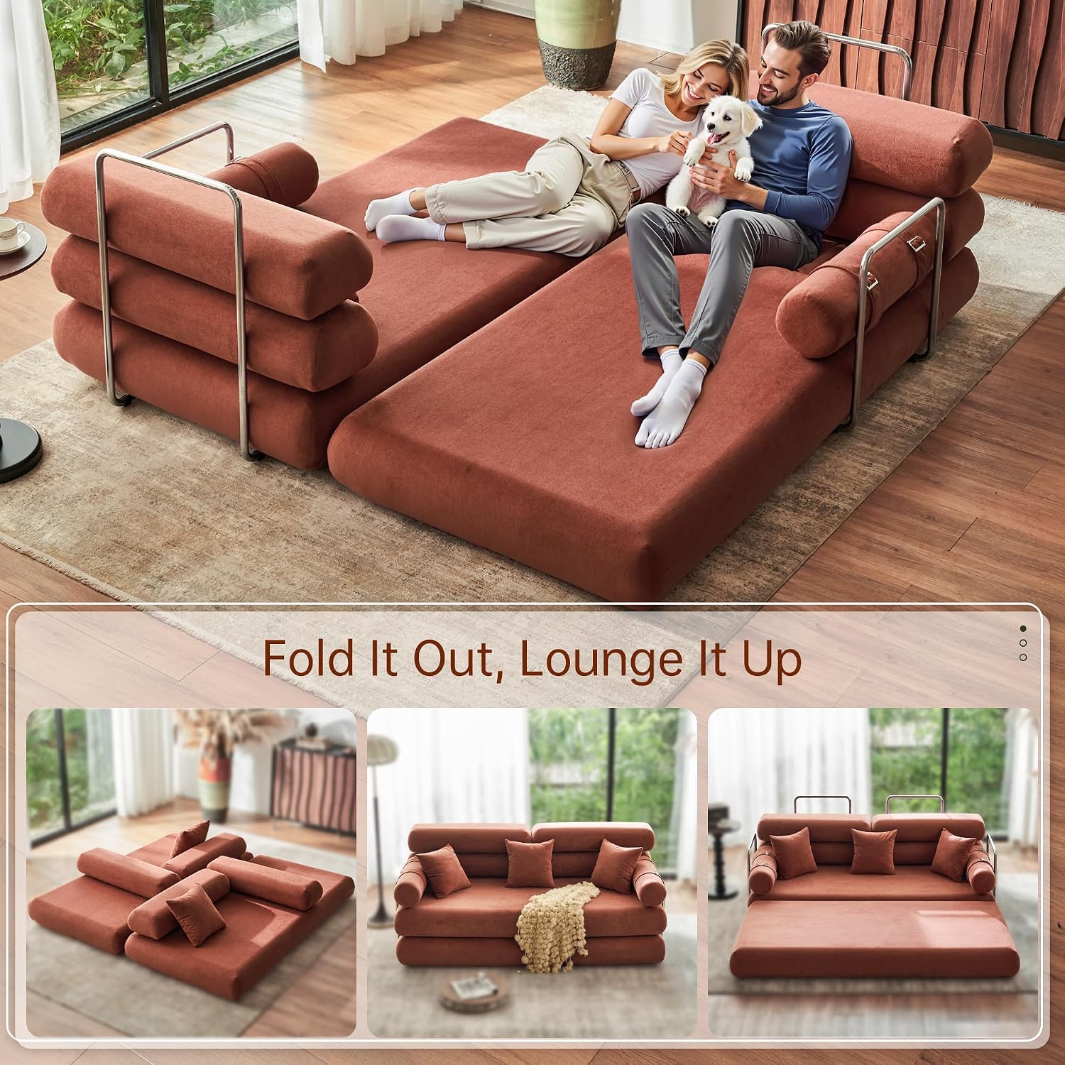 YINIX Convertible Sleeper Sofa - 35'' High-Back Floor Couch Bed - Folding Sofa Bed with Rounded Arm Supports - Floor Sofa Lounge Sofa Bed for Living Room Bedroom - Orange