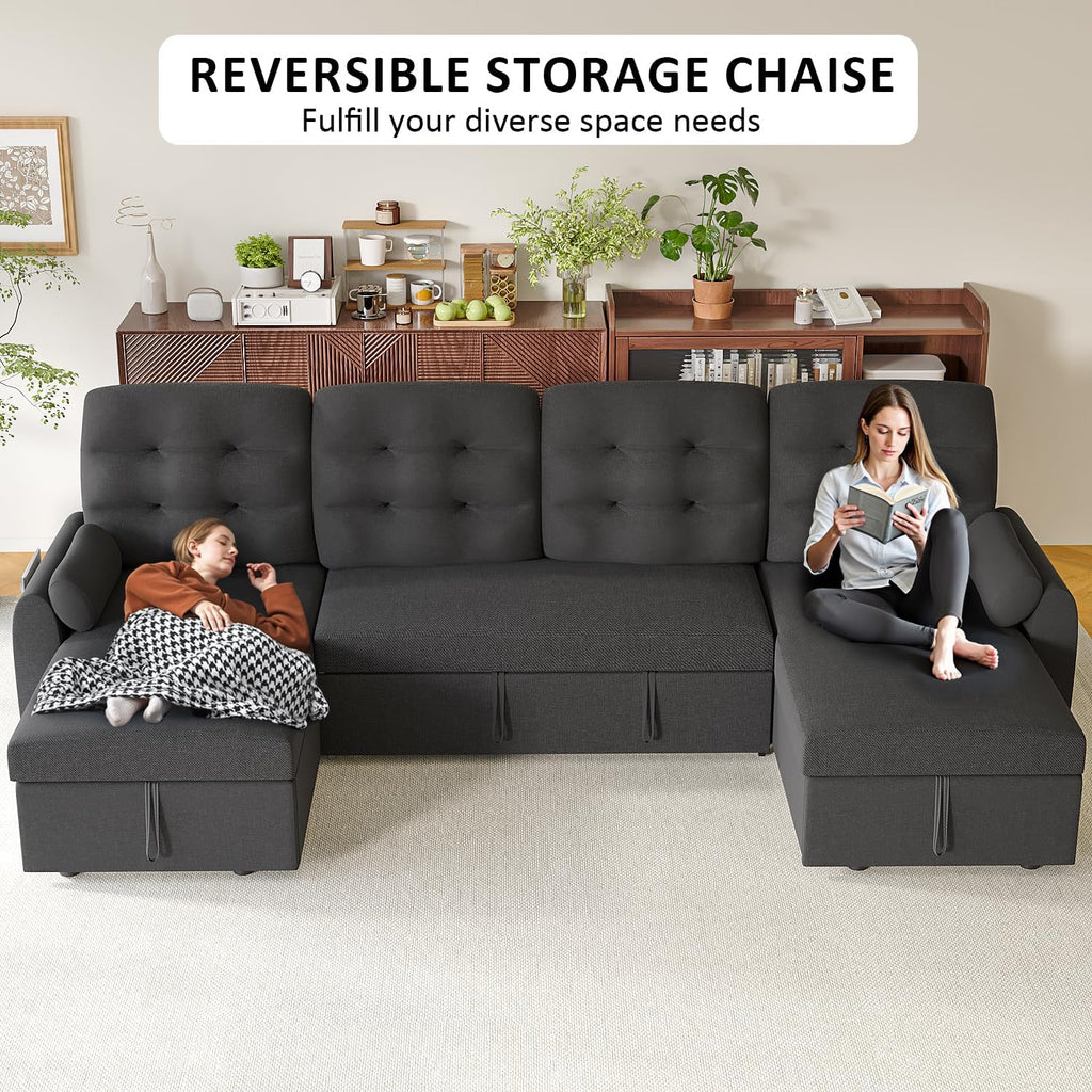 Ucloveria Sleeper Sofa Bed, 112' U Shaped Sectional Sofa Couches for Living Room, Pull Out Couch Bed with Dual Reversible Storage Chaise | Charging Station | Side Pockets | Removable Backrest