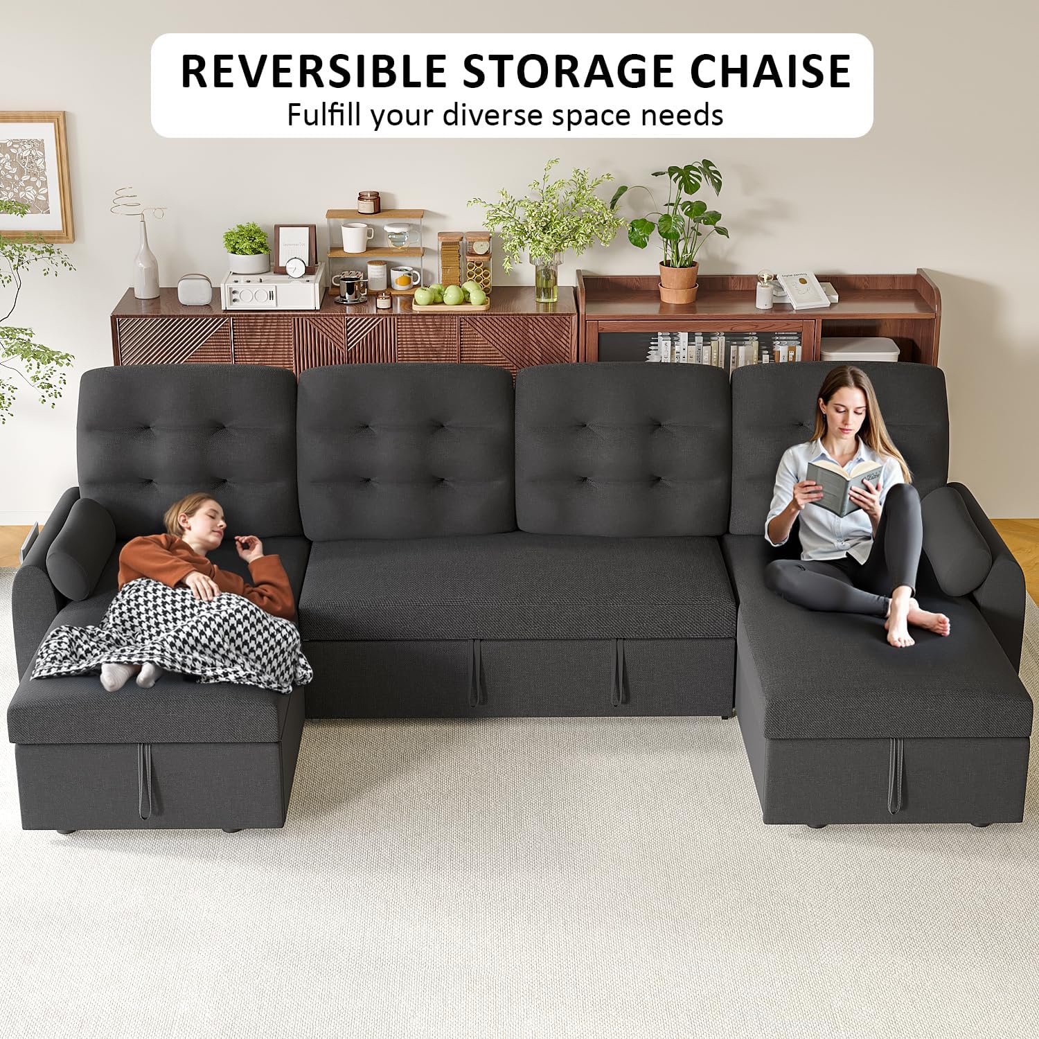 Ucloveria Sleeper Sofa Bed, 112' U Shaped Sectional Sofa Couches for Living Room, Pull Out Couch Bed with Dual Reversible Storage Chaise | Charging Station | Side Pockets | Removable Backrest
